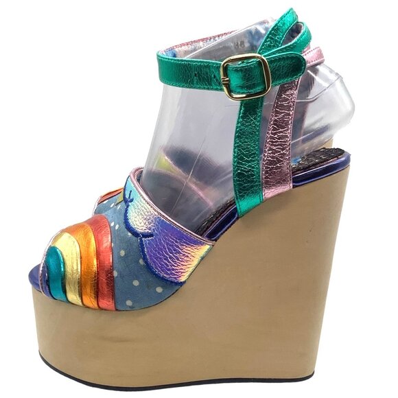 IRREGULAR CHOICE Funshine Retro 70s Rainbow Platform Wedge Sandals Heels Novelty - Picture 7 of 12